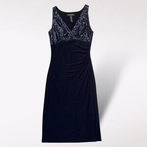 Ralph Lauren Women’s Navy Sequined V-Neck Midi Sheath Dress‎ Size 2 Party Gala